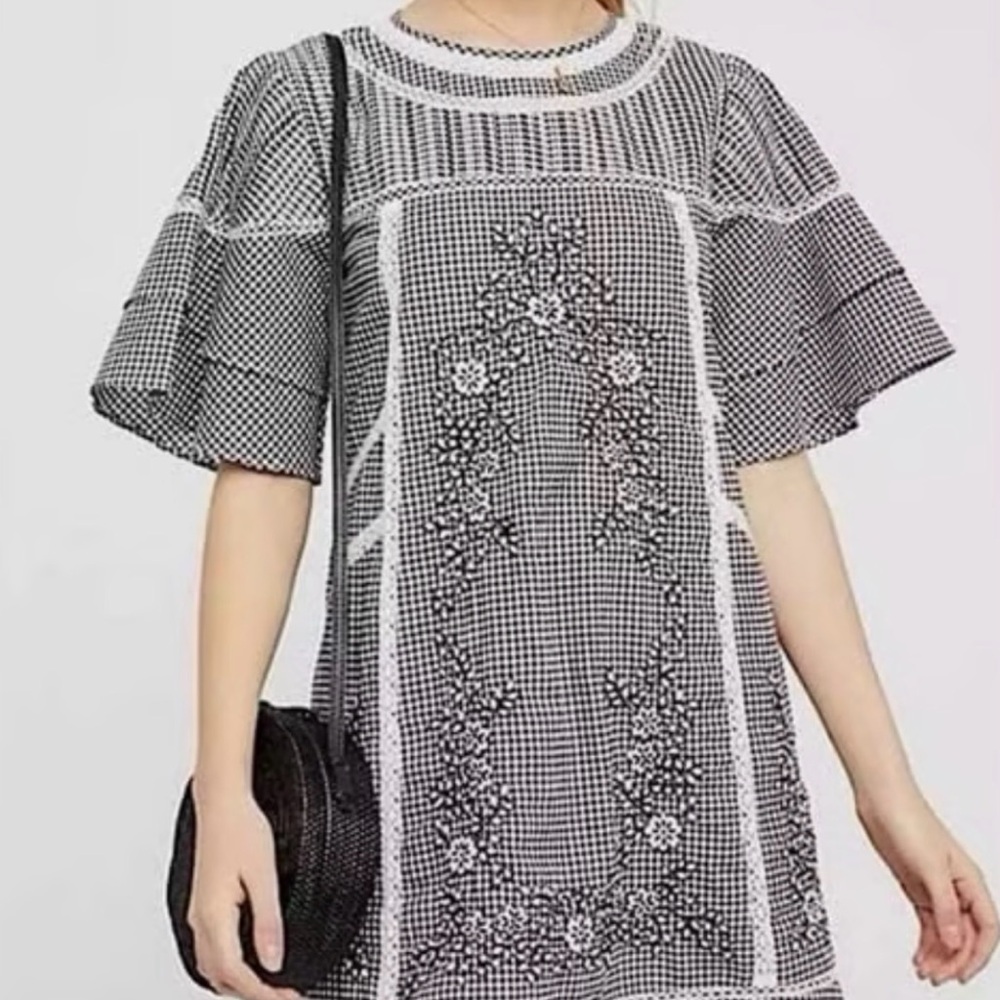 Free People Gingham Embroidered Mini Dress | Crochet Trim | Boho (Black) - Picture 2 of 6